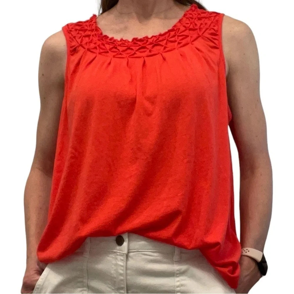 Anthropologie Maeve Justine Smocked Coral Scoop Neck Tank Top Blouse Ruffles XS